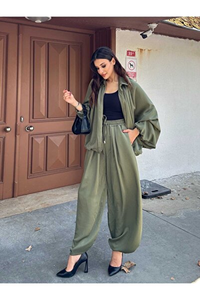 Hatun Atila Saten Büzgülü Pileli Bumber Ceket Pantolon Takım 3015 - Haki