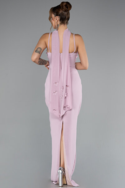 Abiyefon Pudra Askılı Üç Boyut Çiçekli Şallı Uzun Abiye Elbise ABU5181