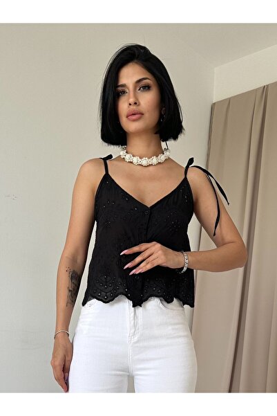 Vaveyy Lace up Brode Blouse