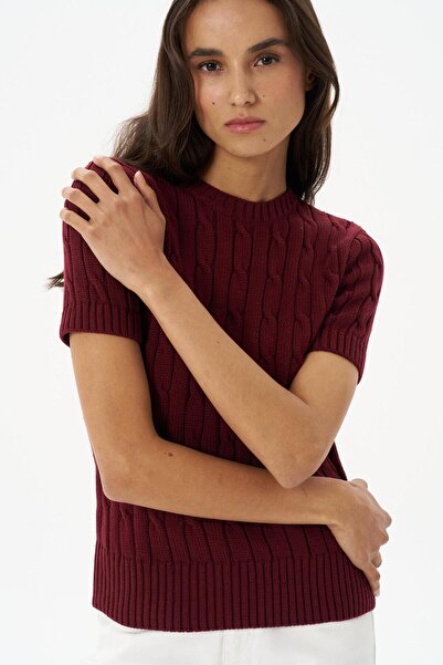 Beauty Omelette Bordo Saç Örgülü Kısa Kol Kazak