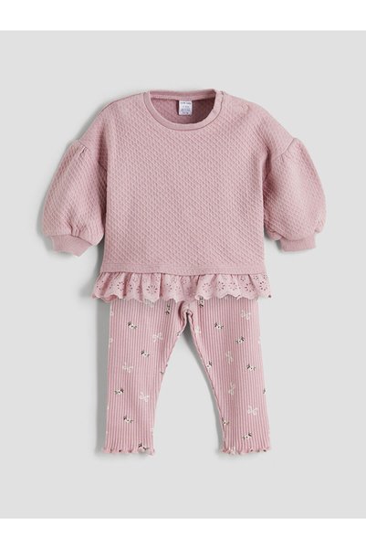 LC Waikiki Gencc Quality Lcw Baby Pink Lace Detailed Baby Girl Sweatshirt and Leggings