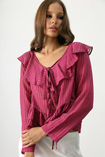 Genel Markalar Önü Fırfırlı Volanlı İpli Bağcıklı Uzun Kollu V Yaka İnce Visk...