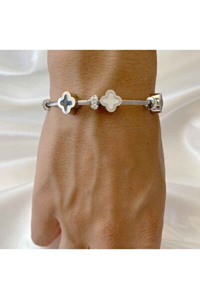 Raha Butik Clover Figured Charm Silver Color Women's Steel Bracelet – Zircon ...