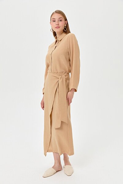 Nihan Keten Bağlamalı Kruvaze Etek Gömlek Takım Vizon