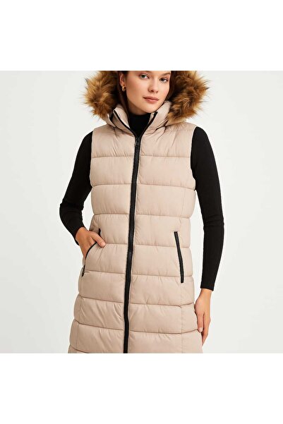 MODA Hooded Fur Women's Puffer Vest,Hooded Take Off Fur Puffer Vest.Women's Puffer Vest