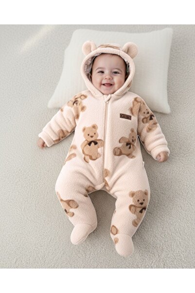 voyyo kids baby 6-9 Months Old Teddy Bears Printed Zippered Winter Welsoft Plush Hooded Jumpsuit, Closed Feet