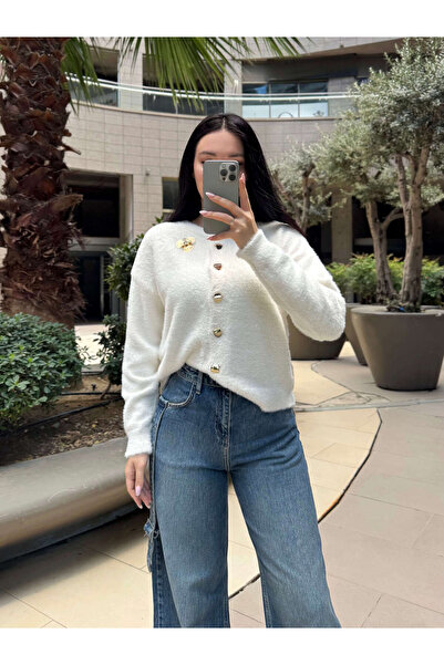 missswans Flora Gold Angora Cardigan with Flower and Button Accessories, Cream