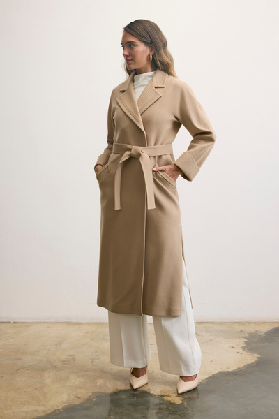 KENT Belted Double Breasted Long Light Beige Coat