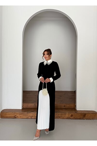 1Moda1Tarz Kadın İthal Tüvit Kumaş Dantel Detay Alt Piliseli Astarlıo Özel Tasarım Elbise