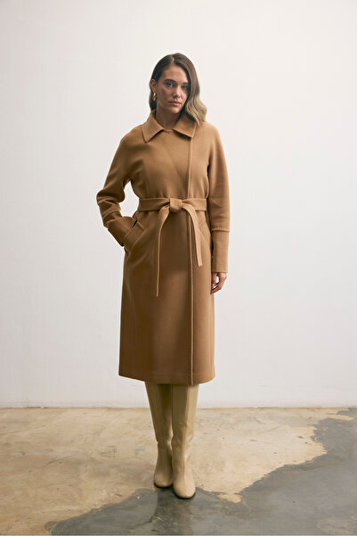 KENT Belted Long Cashmere Dark Camel Coat