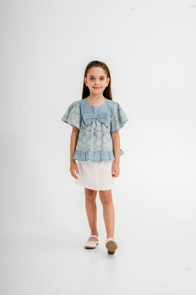 Gocoland Girl's 2-Piece Set, Embroidered Blouse and Belted Gabardine Skirt
