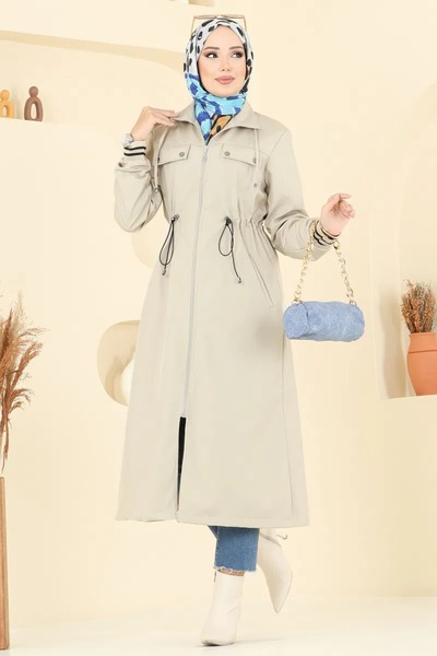 Weak Blue Long Trench Coat with Elastic Sleeves