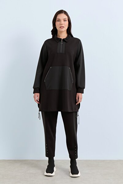 Nihan Rahat Kalıp Örme Çelik Pantolon Tunik Takım Siyah