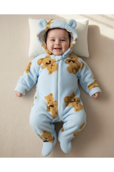 voyyo kids baby 6-9 Months Old Teddy Bears Printed Zippered Winter Welsoft Plush Hooded Jumpsuit, Closed Feet