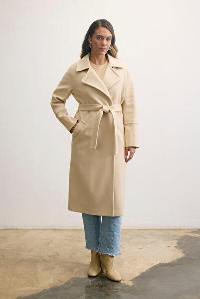 KENT Belted Long Cashmere Cream-Colored Coat