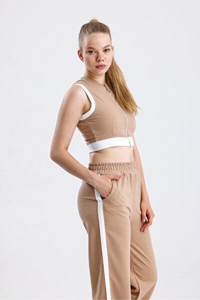 Green Hill Two-Piece Fabric Stripe Detailed Zippered Sleeveless Bottom Top Set