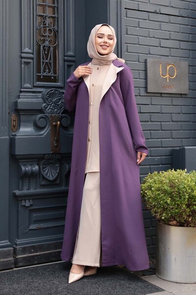 N.S NEVA STYLE Buttoned Lilac Hijab Three-Piece Set 76221Lila