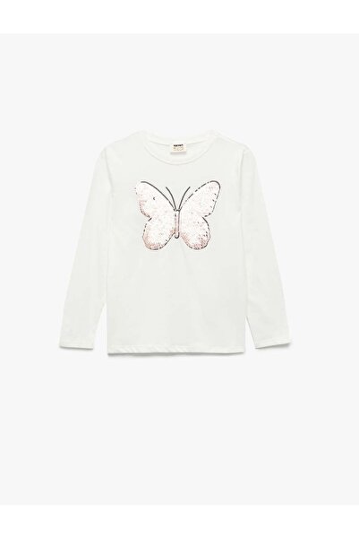 Koton Sequin Sequined Long Sleeve Crew Neck Cotton T-Shirt