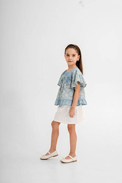 Gocoland Girl's 2-Piece Set, Embroidered Blouse and Belted Gabardine Skirt