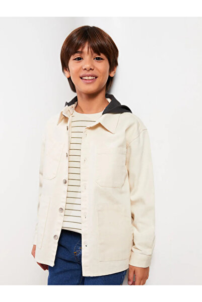 LC Waikiki LCW Kids Bej Kapüşonlu Basic Uzun Kollu Gabardin Erkek Çocuk Gömlek Ceket