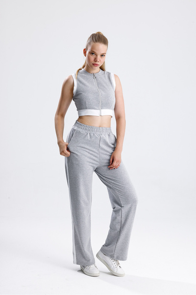 Green Hill Two-Piece Fabric Stripe Detailed Zippered Sleeveless Bottom Top Set