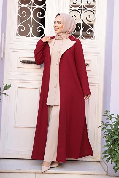 N.S NEVA STYLE Buttoned Burgundy Hijab Three Piece Set 76221Br
