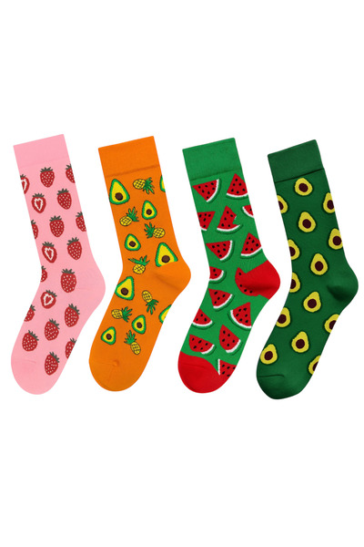 Goma Goma Socks Colorful Fruit Patterned 4-Piece Socks Set with Strawberry, Watermelon, Pineapple, and Avocado Designs