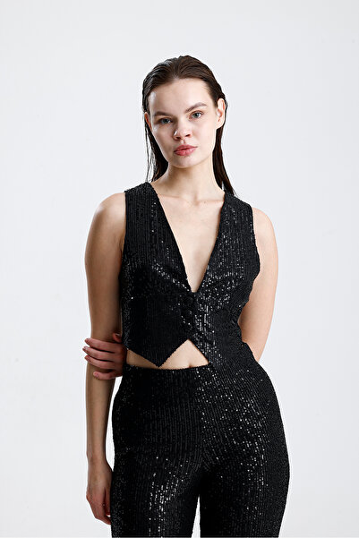 Sense Sequined Vest Women's Evening Dress Set - Stylish Blazer Jacket, Vest and Pants Black