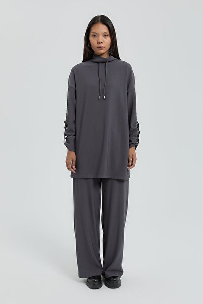 Nihan Kolları Taşlı Örme Pantolon Tunik Takım Füme