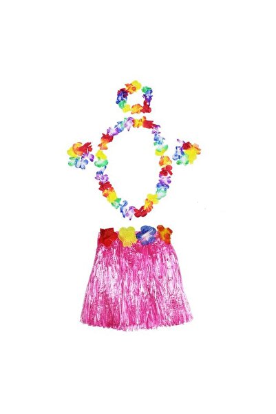 URZ GRUP طقم تنورة وقلادة هاواي وتاج وسوار باللون الوردي