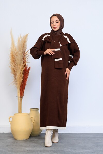 Eliva Women's Brown and White Striped Scarf Detailed Winter Knitwear Hijab Dress