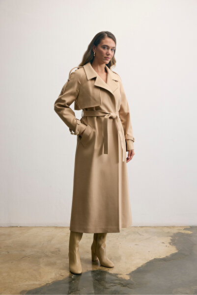 KENT Long Open Camel Coat with Belt