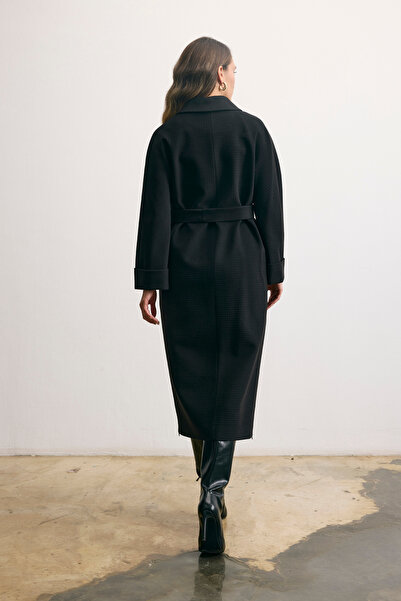 KENT Belted Double Breasted Long Black Coat