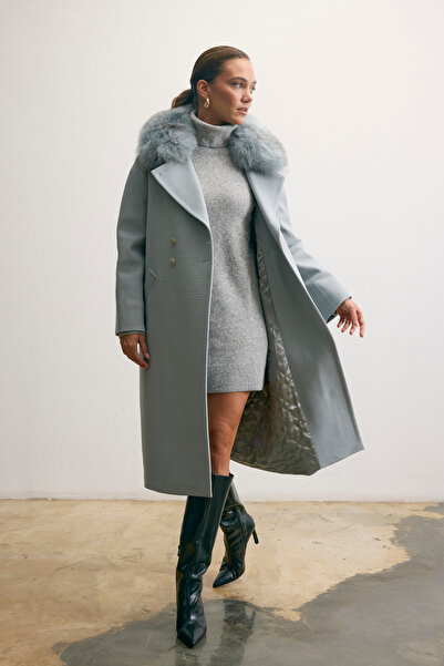 KENT Long Grey Coat with Fur Collar