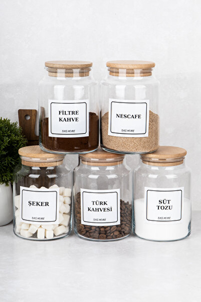 DNS HOME 5'li Kahve Seti Vakum Kapaklı Etiket Hediyeli Saklama Kavanozu Kahve Köşesi Saklama Kabı 800 ml