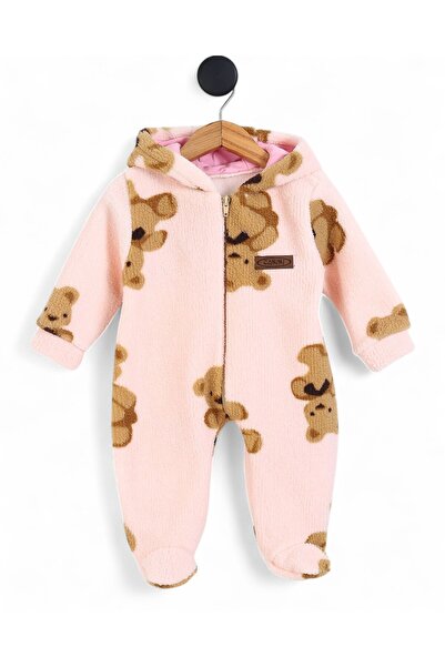 voyyo kids baby 6-9 Months Old Teddy Bears Printed Zippered Winter Welsoft Plush Hooded Jumpsuit, Closed Feet