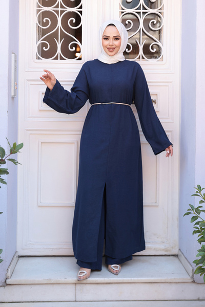 N.S NEVA STYLE Slit Detailed Navy Blue Hijab Double Suit 7669L