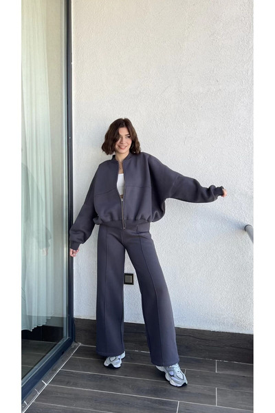 My Blog Women's Dark Gray Front Zipper Premium Tracksuit Set - 98606