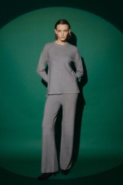 Nihan Parlak Taş Baskılı Triko Pantolon Tunik Takım Gri