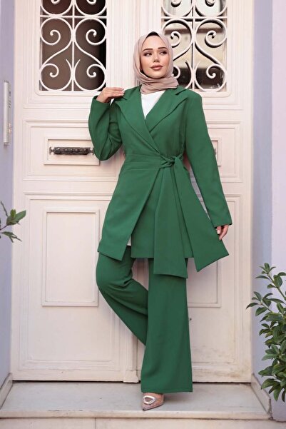 N.S NEVA STYLE Πράσινο Μαντίλι με Μπουφάν Διπλό Σετ 76731Y