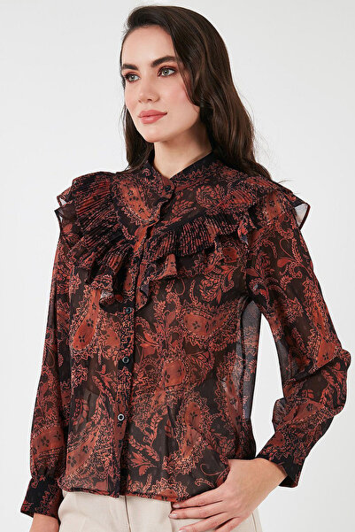 Genel Markalar Uzun Balon Kollu Robası Omzu Fırfırlı Volanlı Şal Desenli Şık ve Cool Şifon Kumaş Hakim Yaka Gömlek