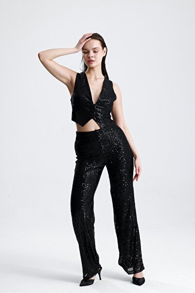 Sense Sequined Vest Women's Evening Dress Set - Stylish Blazer Jacket, Vest and Pants Black