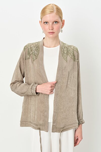 Nihan Rahat Kalıp Bluzlu Saten Ceket Haki