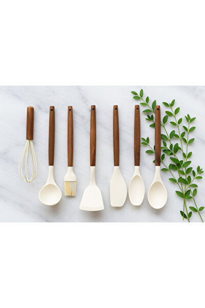 BKM HOME STORE Akasya Saplı Silikon Mutfak Gereçleri Servis Seti