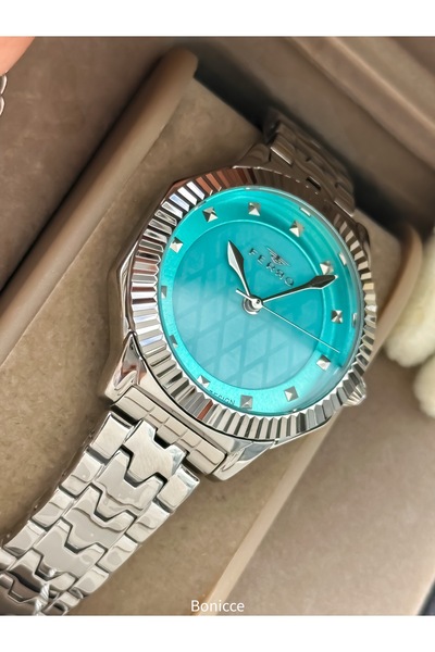 FERRO Women's Wristwatch, Silver Turquoise Color Steel Band Vip Model, with Bracelet Gift