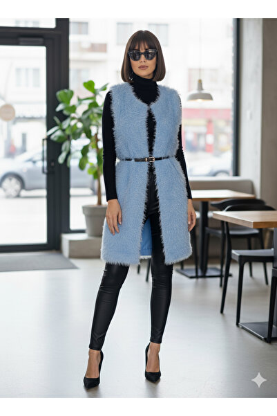 NAVY Kadın Saten Astarlı uzun Mavi tüylü yelek