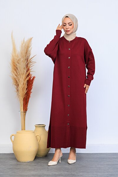Eliva Women's Burgundy Plain Button Closure Winter Dress Hijab Cardigan