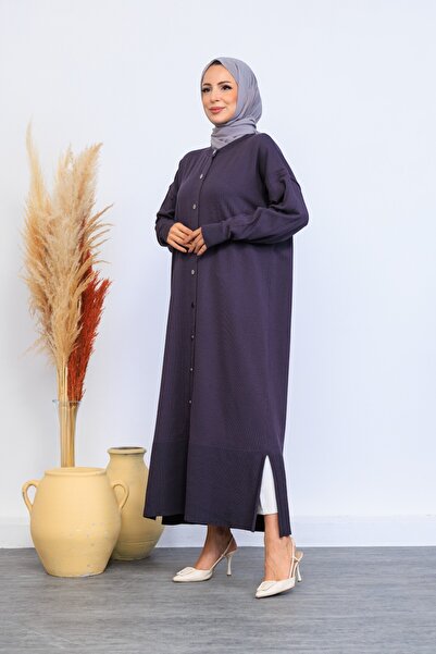 Eliva Women's Anthracite Gray Plain Button Closure Winter Dress Hijab Cardigan