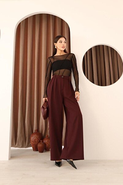 polle Kadın Bordo Pileli Yüksek Bel Palazzo Pantolon