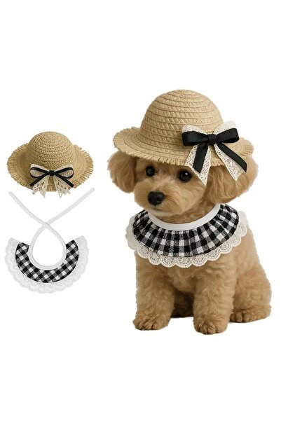 Payidar Hediyelik KEDİ/KÖPEK HASIR ŞAPKA VE DANTELLİ ÖNLÜK SETİ (2 PARÇA) Evc...